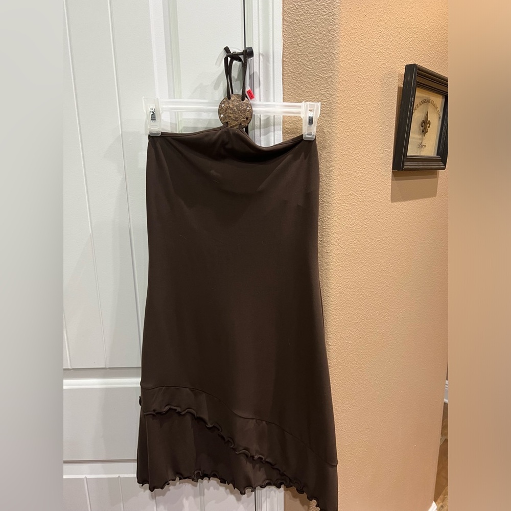 Chocolate brown dress with shell adornment on tie neck